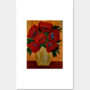 vibrant red poppies in A gold vintage style vase Posters and Art